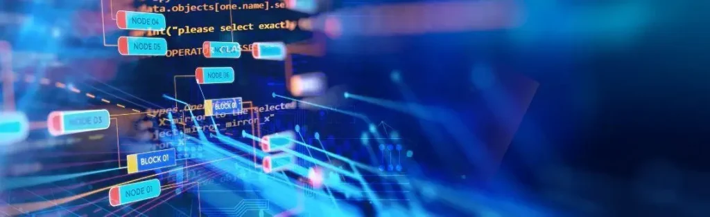 Diagrama digital de nodos y líneas de código sobre un fondo azul luminoso