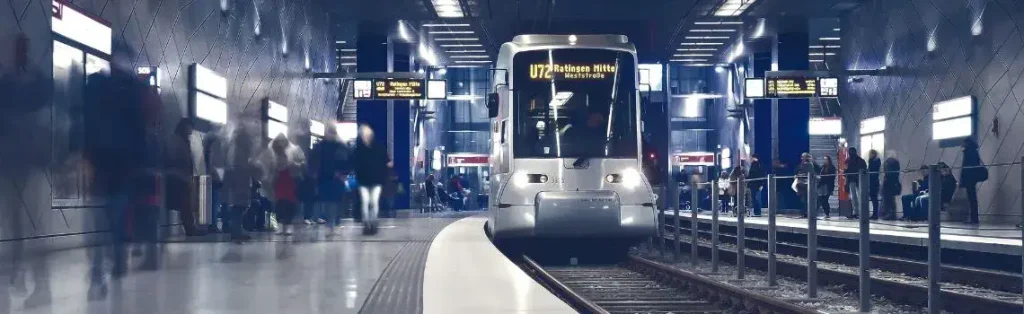 Tranvía llegando a una estación subterránea con pasajeros en los andenes